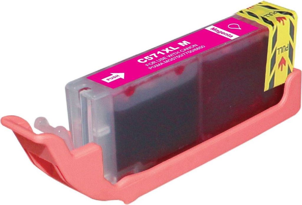 A magenta ink cartridge for a Canon printer is shown in a pink holder.