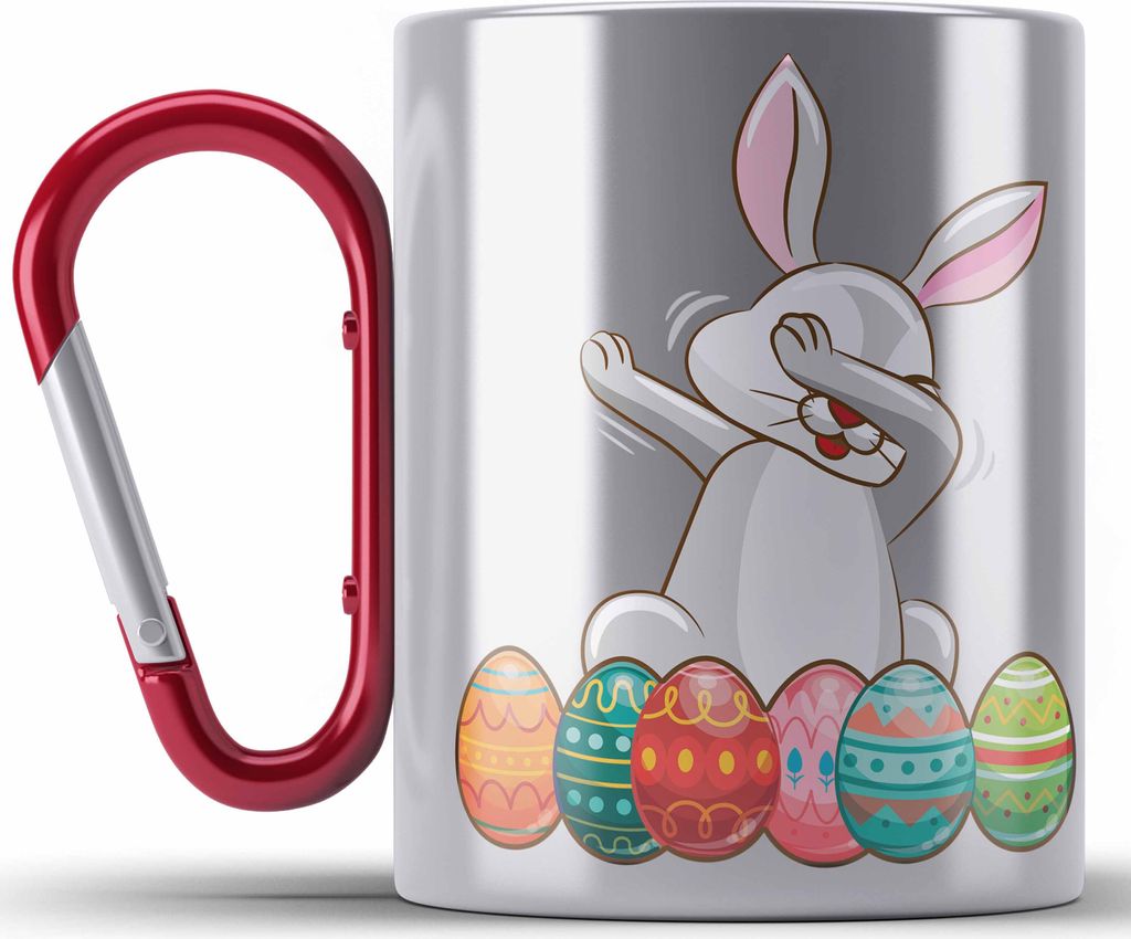 Trendation - Edelstahl Tasse Karabiner Ostern Ostergeschenke Kinder Jugendliche Geschenke Lustige Grafik Osterhase Dab (Rot)