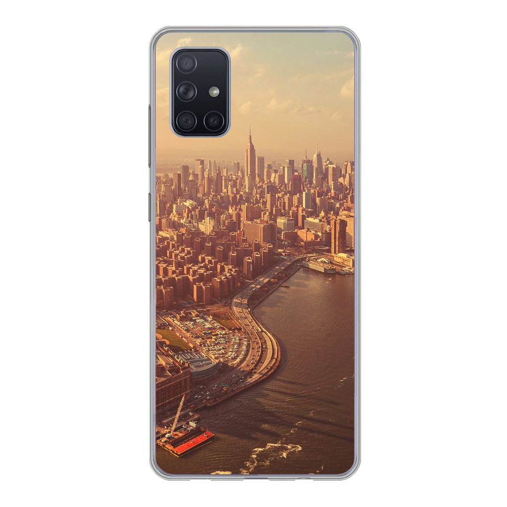 MuchoWow Handyhülle Schutzhülle Hülle für Samsung Galaxy A71 New York - Skyline - Gold Silikon Softcase Handy Hülle - Kartenbesitzer