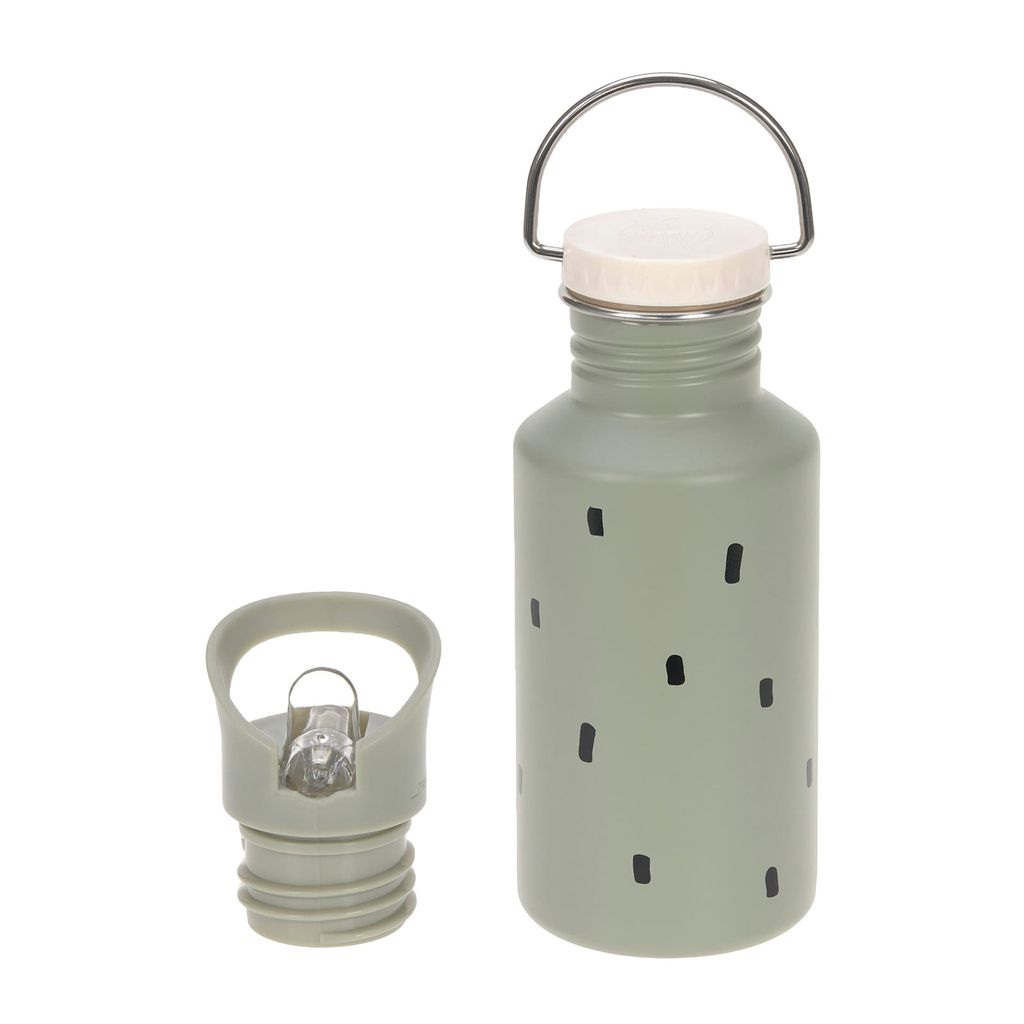 A green stainless steel water bottle with a cream lid and a separate grey lid with a straw mechanism, both on a white background.