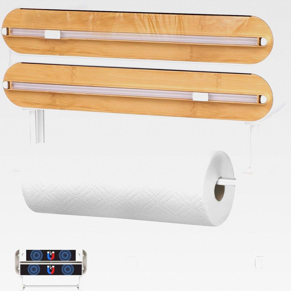 Wandrollenhalter Küche 3-in-1 Frischhaltefolienspender, küchenrollenhalter magnetisch, Frischhaltefolie Schneider, Papierrollenhalter, Folienspen...