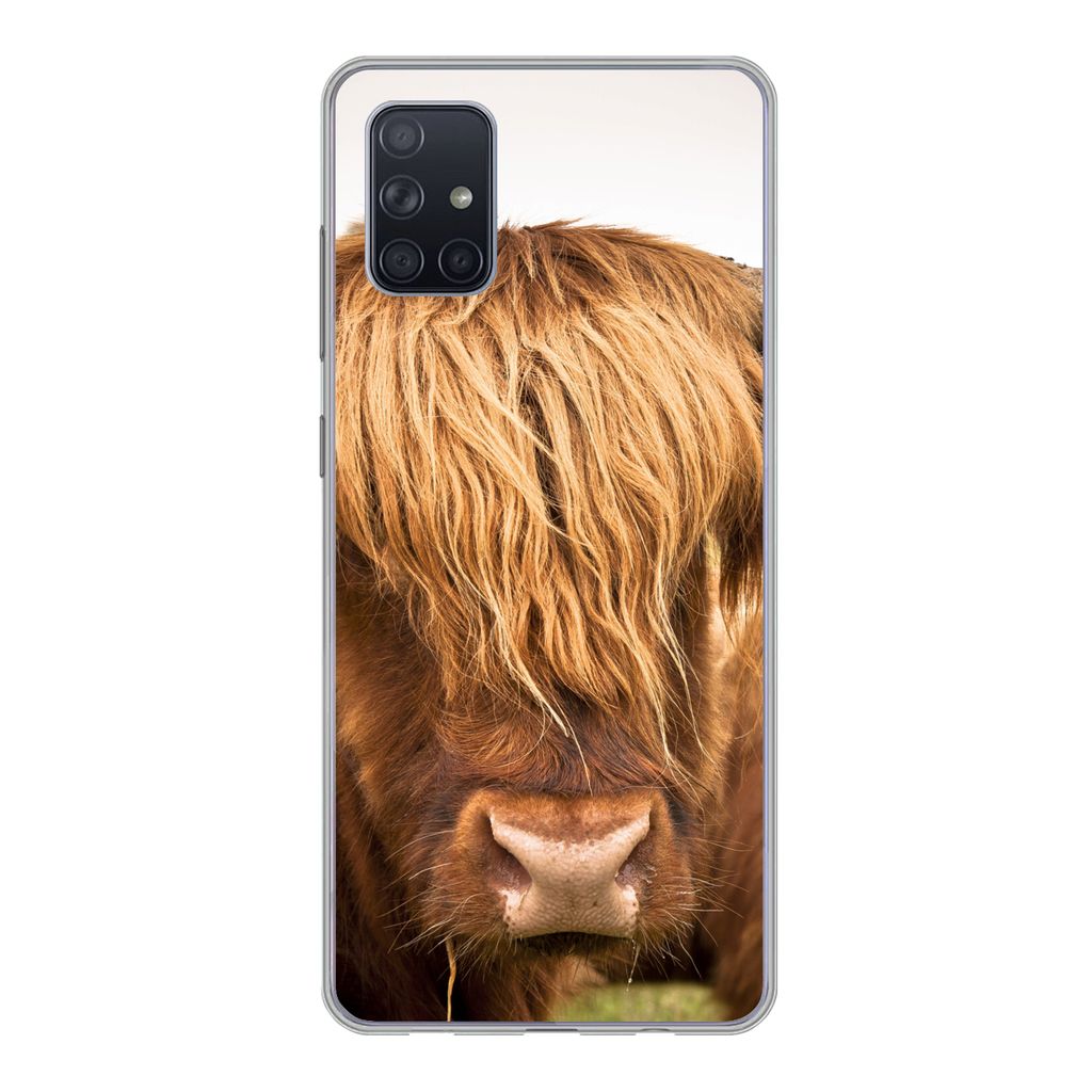 MuchoWow Handyhülle Schutzhülle Hülle für Samsung Galaxy A71 Schottische Highlander - Braun - Gras Silikon Softcase Handy Hülle - Kartenbesi...