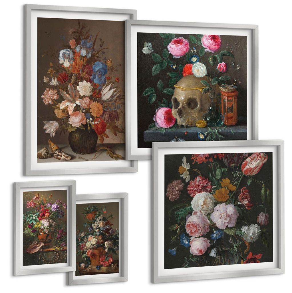 Bilder Set 5-teilig im silbergerahmten Rahmen – Wandbilder 5 Stück – gerahmte Poster für Wohnzimmer, Schlafzimmer und Flur – 50x50 cm - 40x...