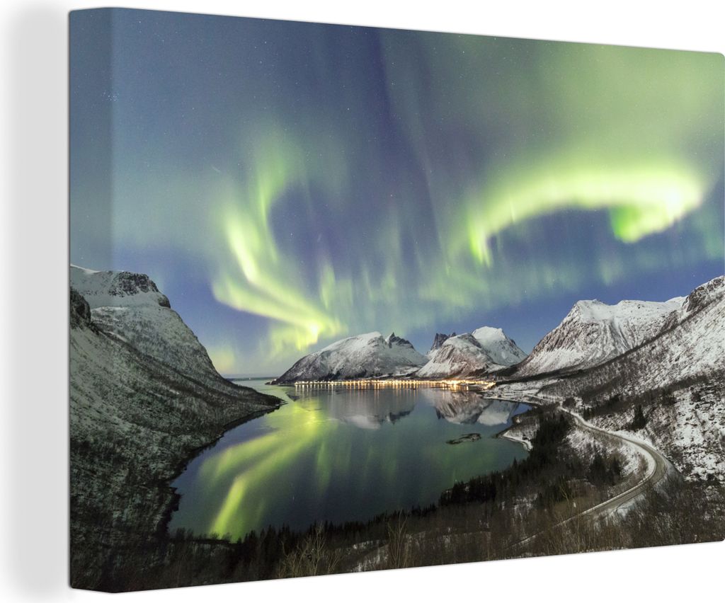 OneMillionCanvasses - Leinwandbilder - 150x100 cm, Nordlichter - Meer - Berge, Wandbilder Kunstdruck Wanddekoration