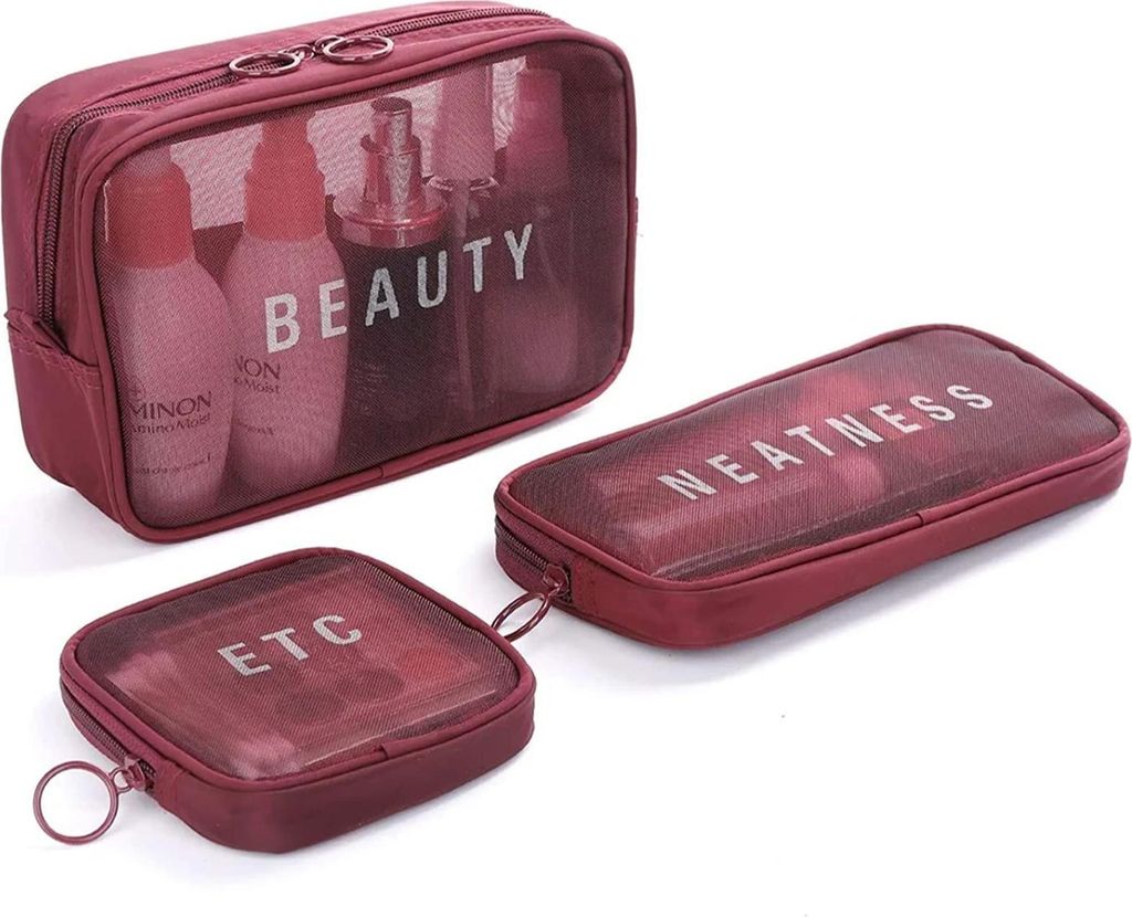 Reise Make-Up Kulturbeutel Beautycase Kosmetik Beutel Tasche Schminktasche Set 3 teilig Rot