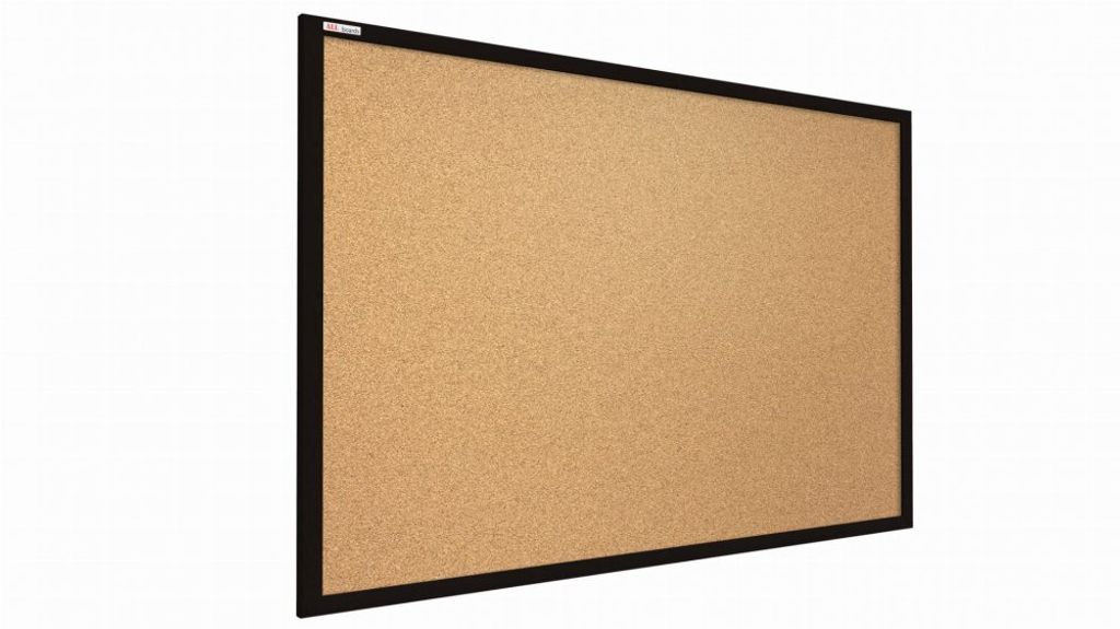 A cork bulletin board with a black frame, shown from a slight angle against a white background.