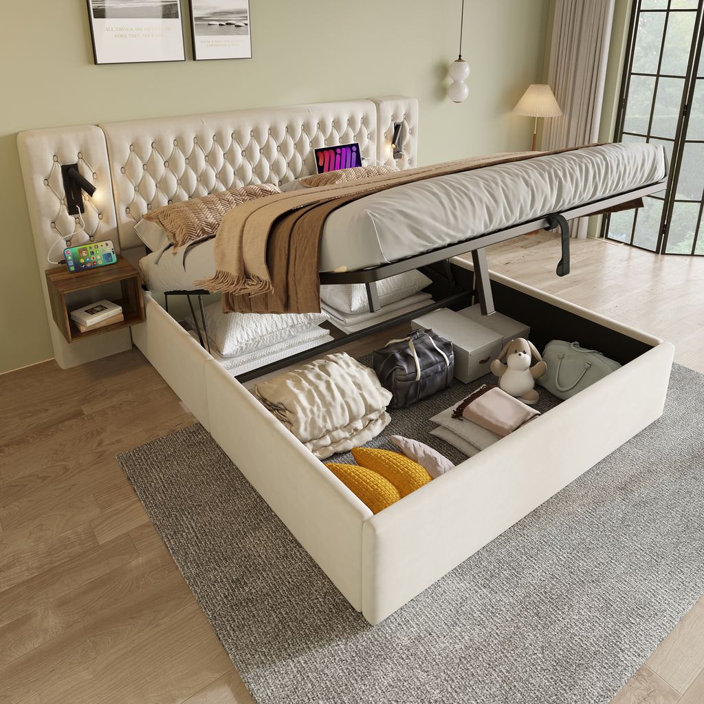 STILVORA Polsterbett 180 x 200 cm Doppelbett mit USB-Ladeanschluss & Leselicht, Hydraulisch Stauraumbett mit Nachttischen & Bettkästen, Beige (mit...