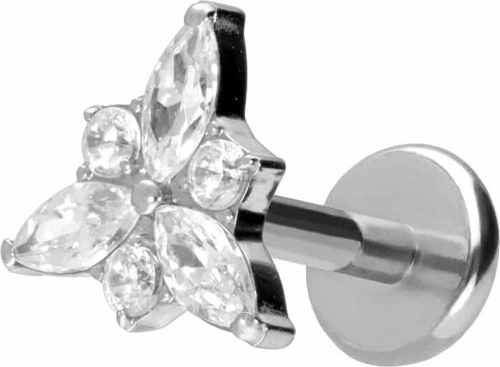 Ohrpiercing, Nasenpiercing Titan Labret mit Push Fit KRISTALLBLÜTE Silber Stablänge: 5mm | Stabstärke: 1mm