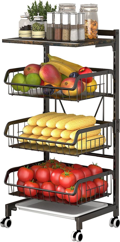 4-stufiger Kuechenwagen auf Raedern, verstellbarer Metall-Aufbewahrungskorb fuer Obst und Gemuese mit grossem Fassungsvermoegen, Vorratswagen mit H...