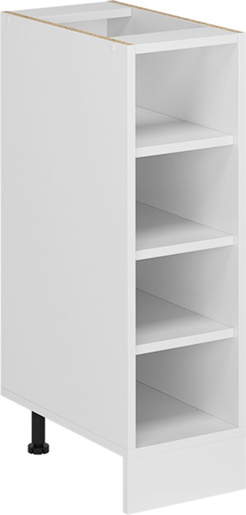 A white kitchen cabinet with four open shelves and a black leg.