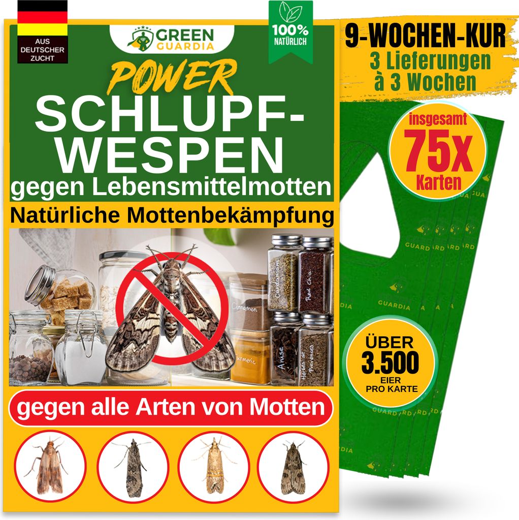 Schlupfwespen gegen Lebensmittelmotten, 25 Karten x 3 Lieferungen (75 Karten),GreenGuardia, der Mottenschutz. Alternativ zu:Mottenfalle,Klebefalle