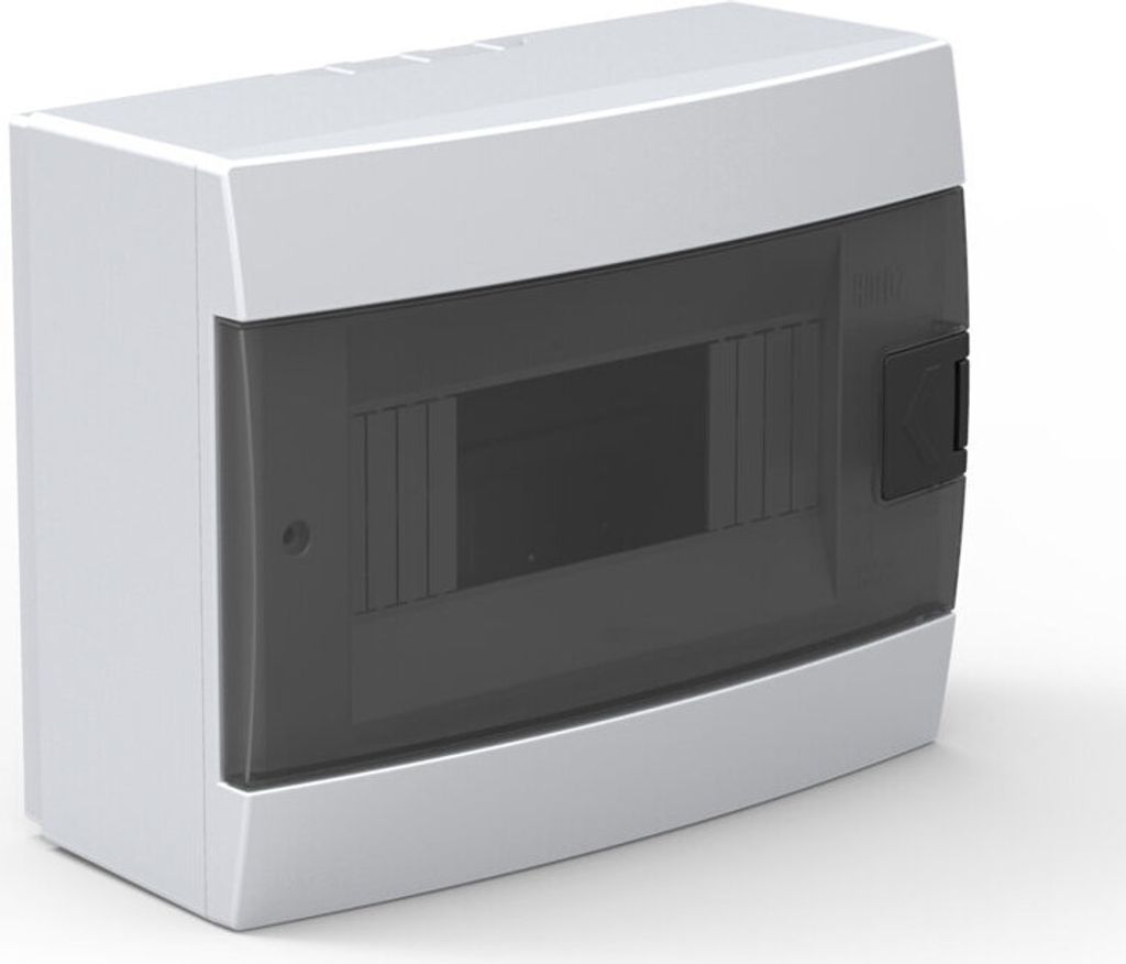A white electrical distribution box with a transparent dark gray cover.