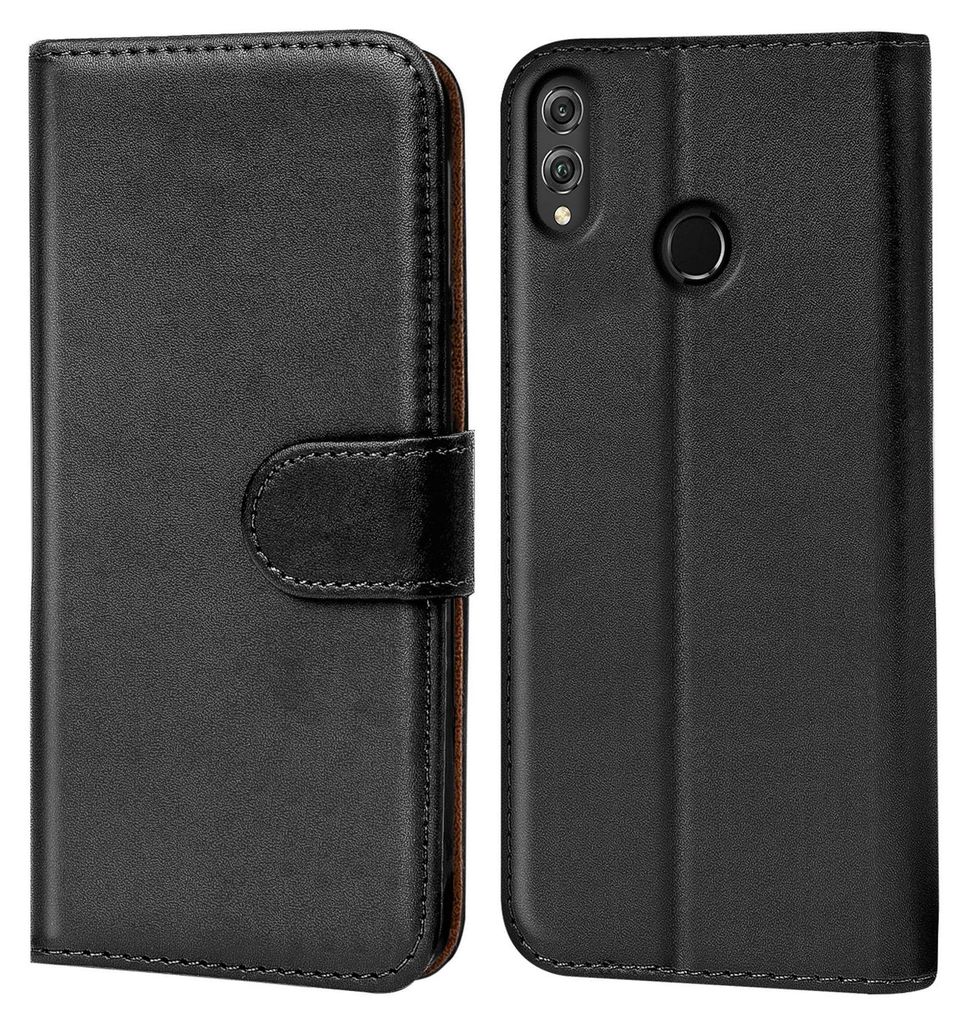 A black flip case for a smartphone is shown from the front and back.