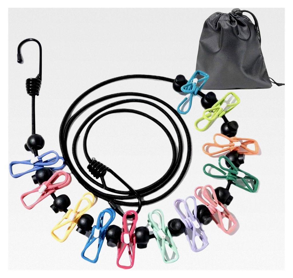 Tragbare Reise-Wäscheleine, Einziehbare Outdoor-Wäscheleine mit 12 Clips und 13 Positionierungsschnallen für Reisen und Camping (180-360 cm)