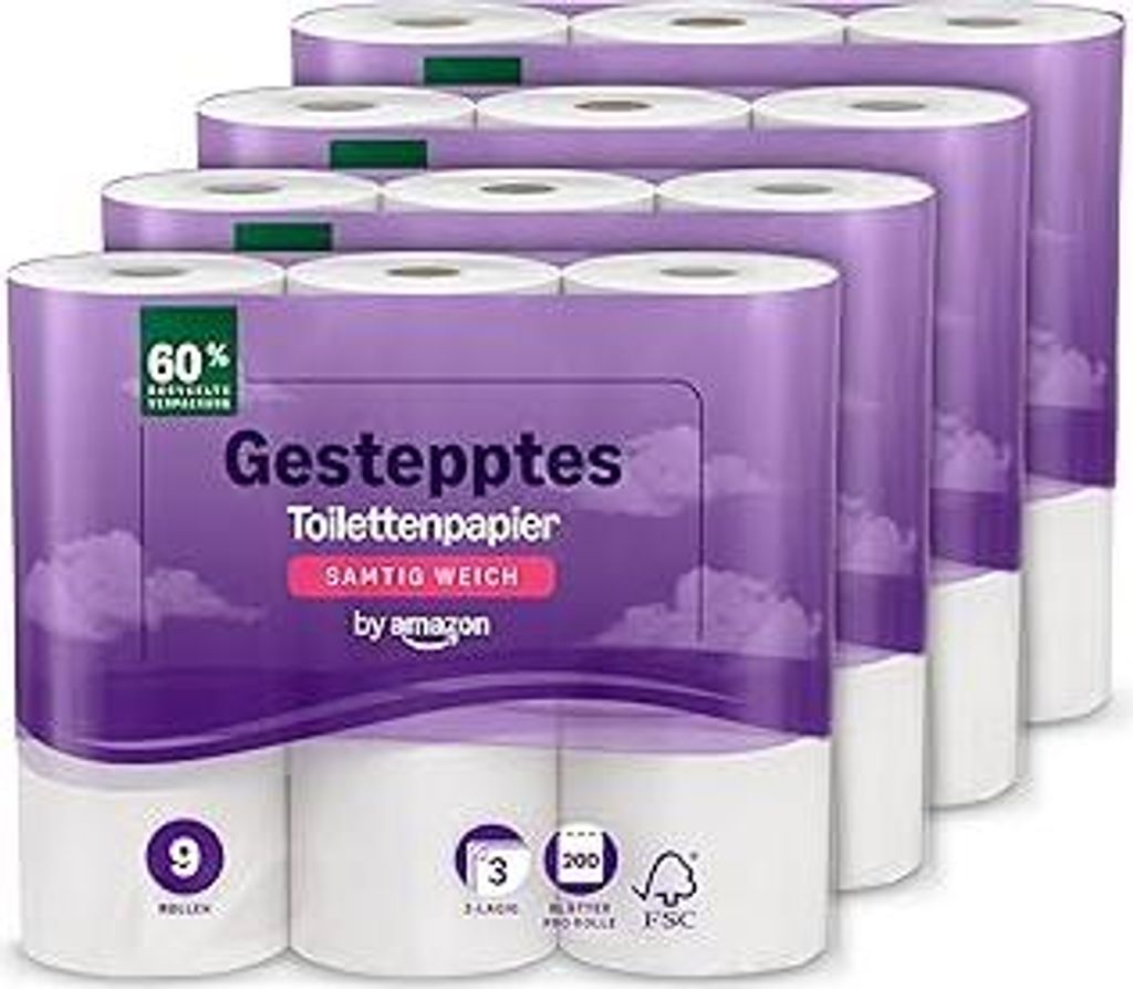 Toilettenpapier, 3-lagig Gestepptes, Samtig Weich, 36 Rollen (9 Rollen, 4-er Pack), 200 Blätter pro Rolle,