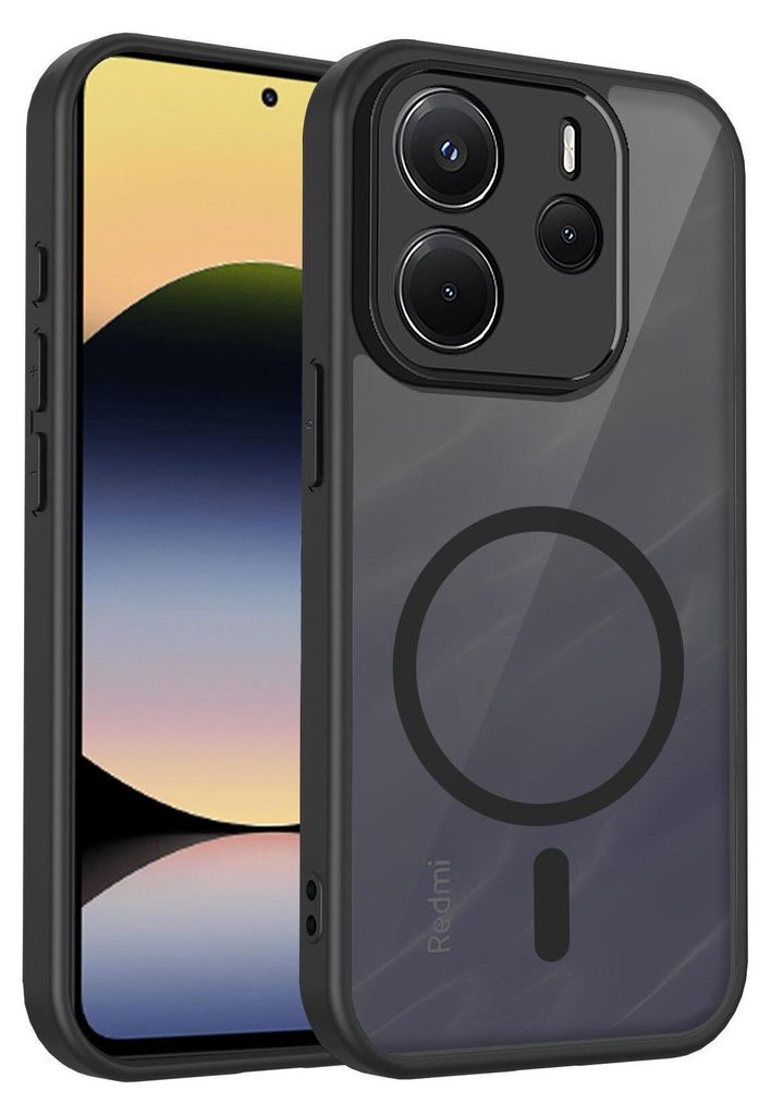 A smartphone case with a magnetic ring is shown on a phone.