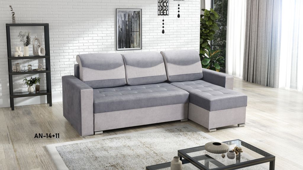 Ecksofa ARTUR mit Schlaffunktion und Bettkasten, L-Form - rechts - L-Couch, Farben: Hellgrau/Dunkelgrau