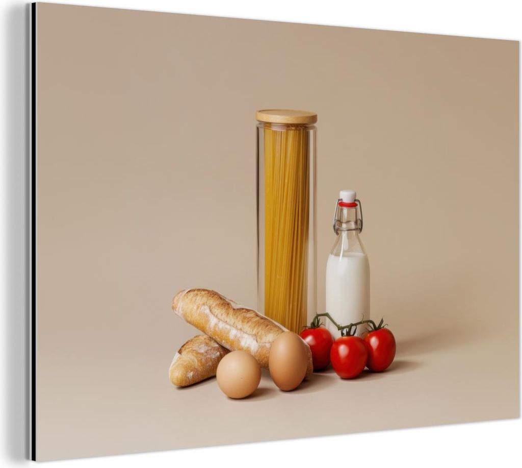 MuchoWow Wanddekoration Metall Metallbild Wandkunst 120x80 cm Spaghetti - Milch - Tomaten - Eier - Brot MuchoWow Aluminium Gemälde - Alu Bild