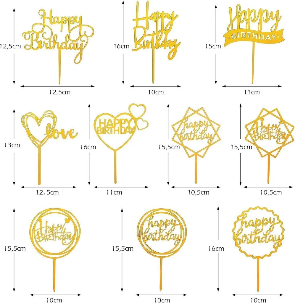Set 10 Cake Topper Oro Buon Compleanno Acrilico Glitter per Torte - 2