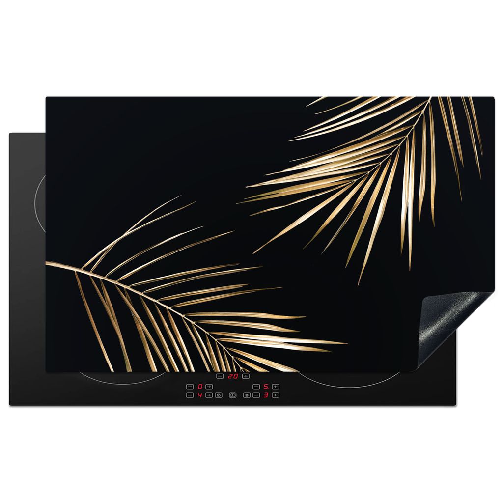KitchenYeah Herdabdeckplatte Blätter - Pflanzen - Gold - Schwarz - Luxus , 83x51cm, Küche Deko, Glaskeramikkochfeld Herdabdeckung, Abdeckplatte...