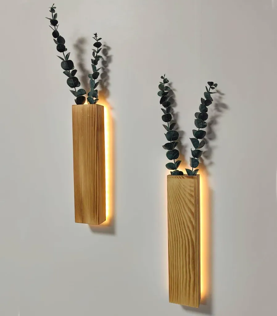 Plantes vertes murales artificielles en bois et guirlandes LED douces