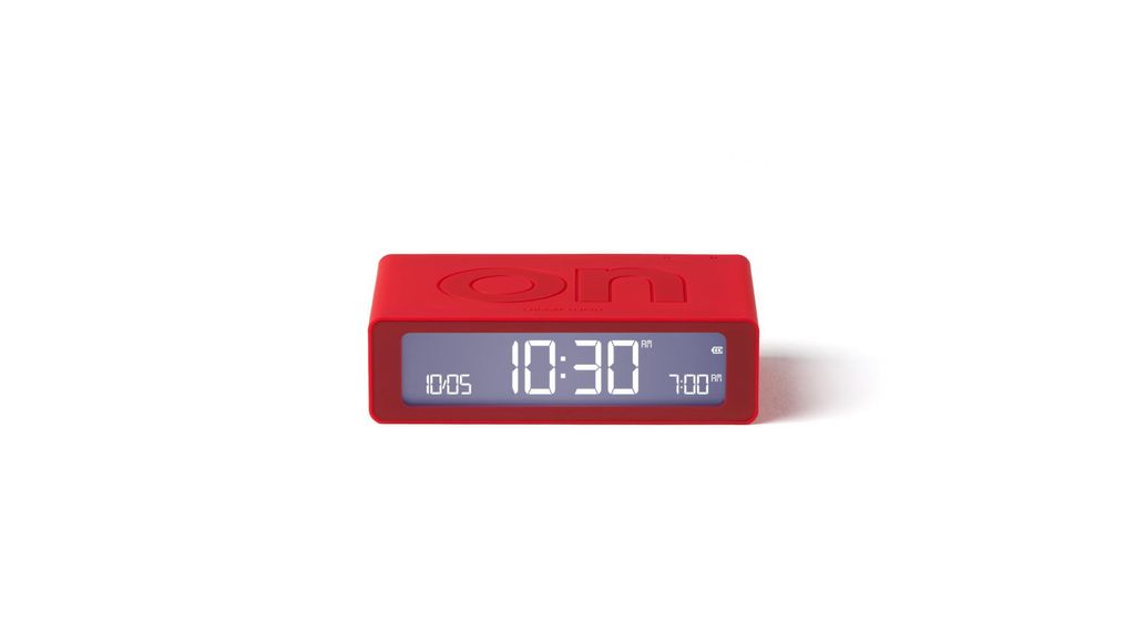 A red digital alarm clock is shown on a white background.