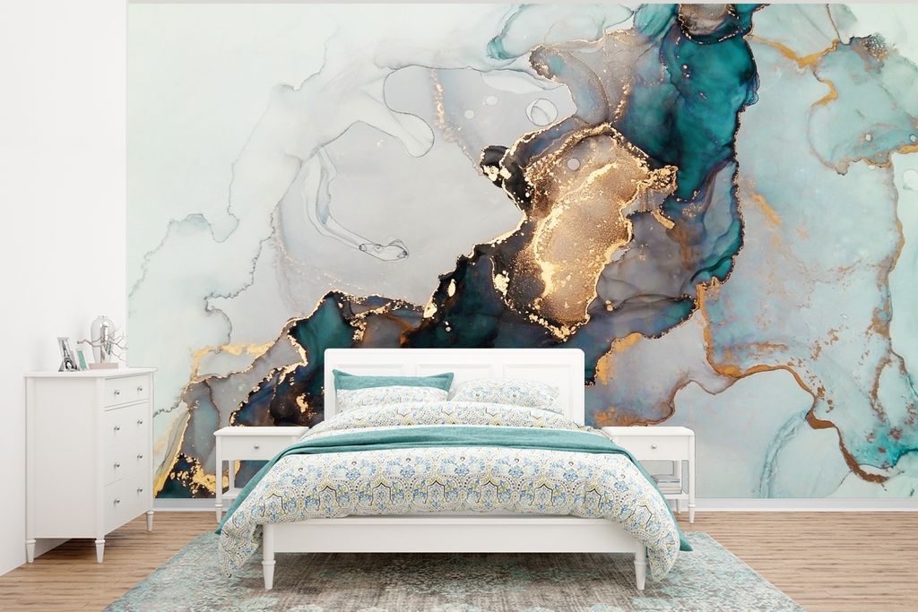 MuchoWow Fototapete für Wohnzimmer oder Schlafzimmer Wandtapete Vinyl Motivtapete Blau - Marmor - Gold - 375x280 cm - Schlafzimmer tapete