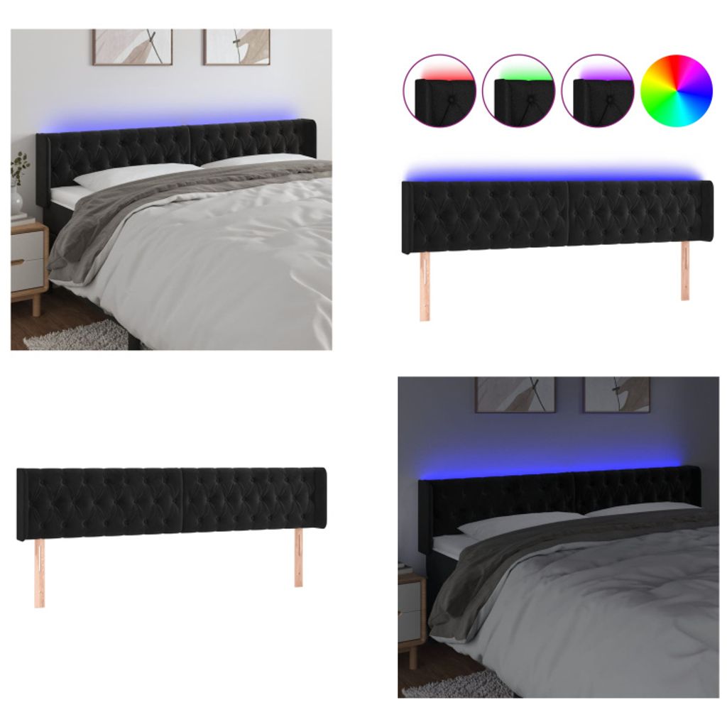 The Living Store LED Kopfteil Schwarz 183x16x78/88 cm Samt