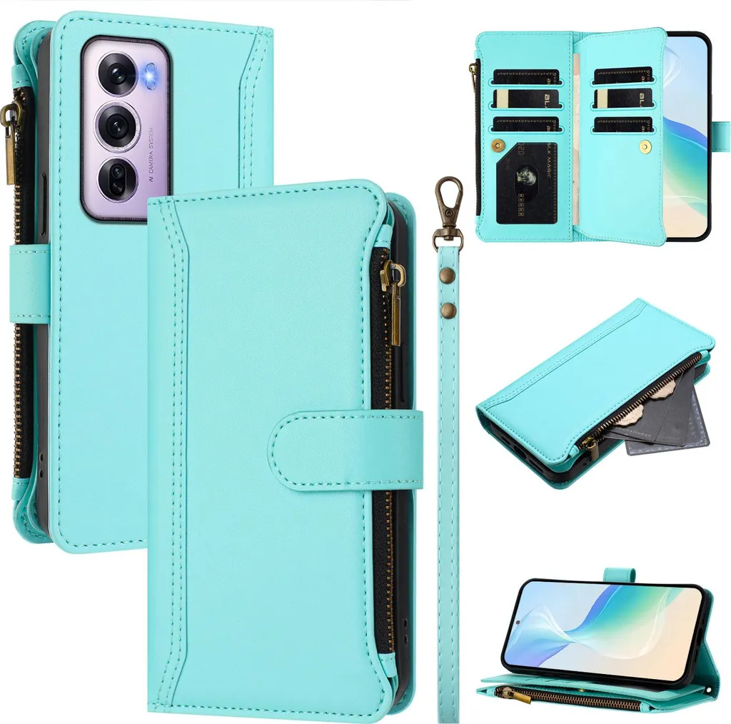 Custodia per Oppo Reno12 Pro, con cerniera, portafoglio, custodia flip in Finto cuoio con tasche per carte, supporto e passante verde menta