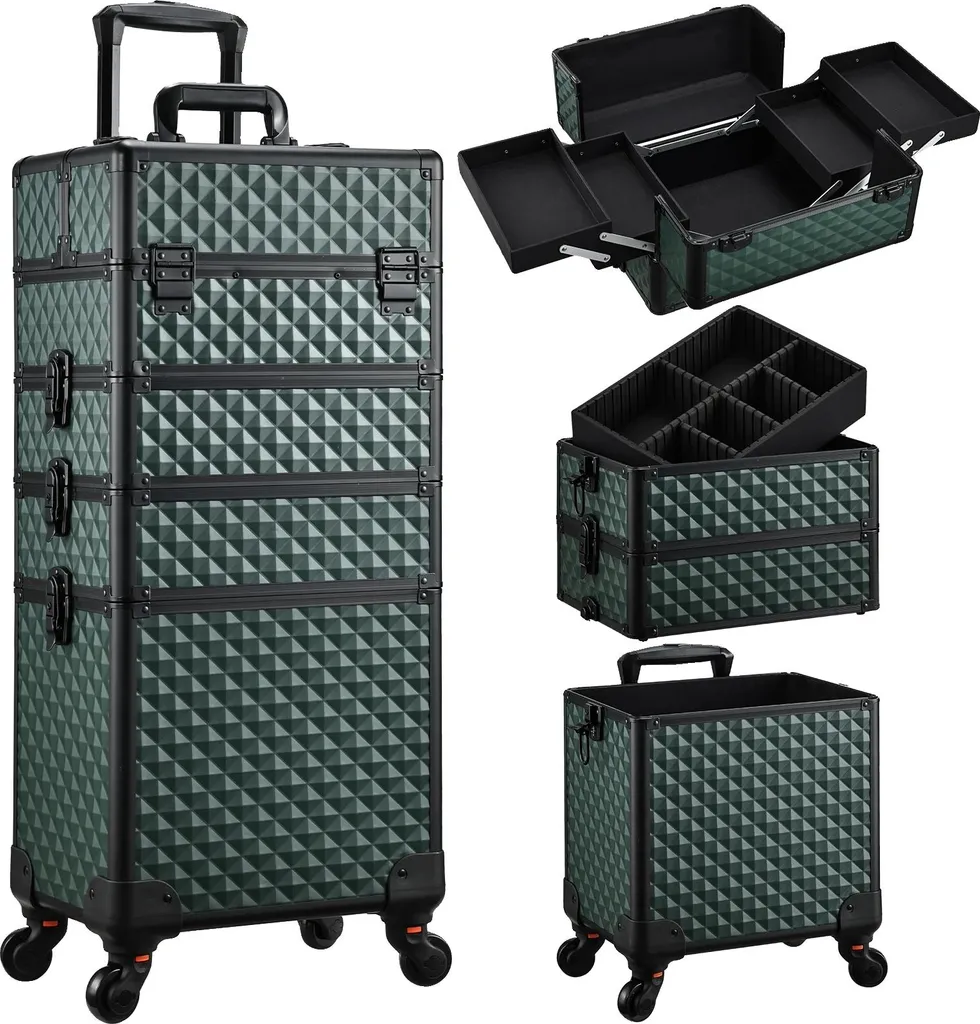 Valise de formation au maquillage trolley 4 en 1 vert foncé premium