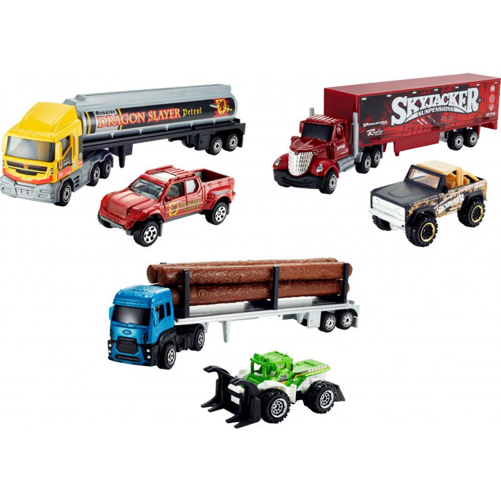 A collection of toy trucks and construction vehicles.
