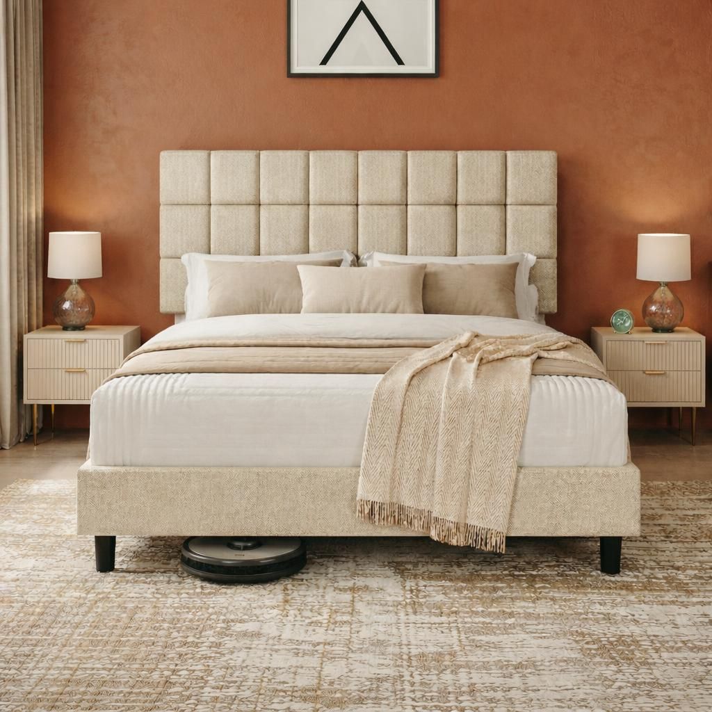 FURNIFY Polsterbett NORDVIK 140 x 200 cm Bettgestell | Modernes Bett mit Lattenrost und verstellbarem Kopfteil | Beige