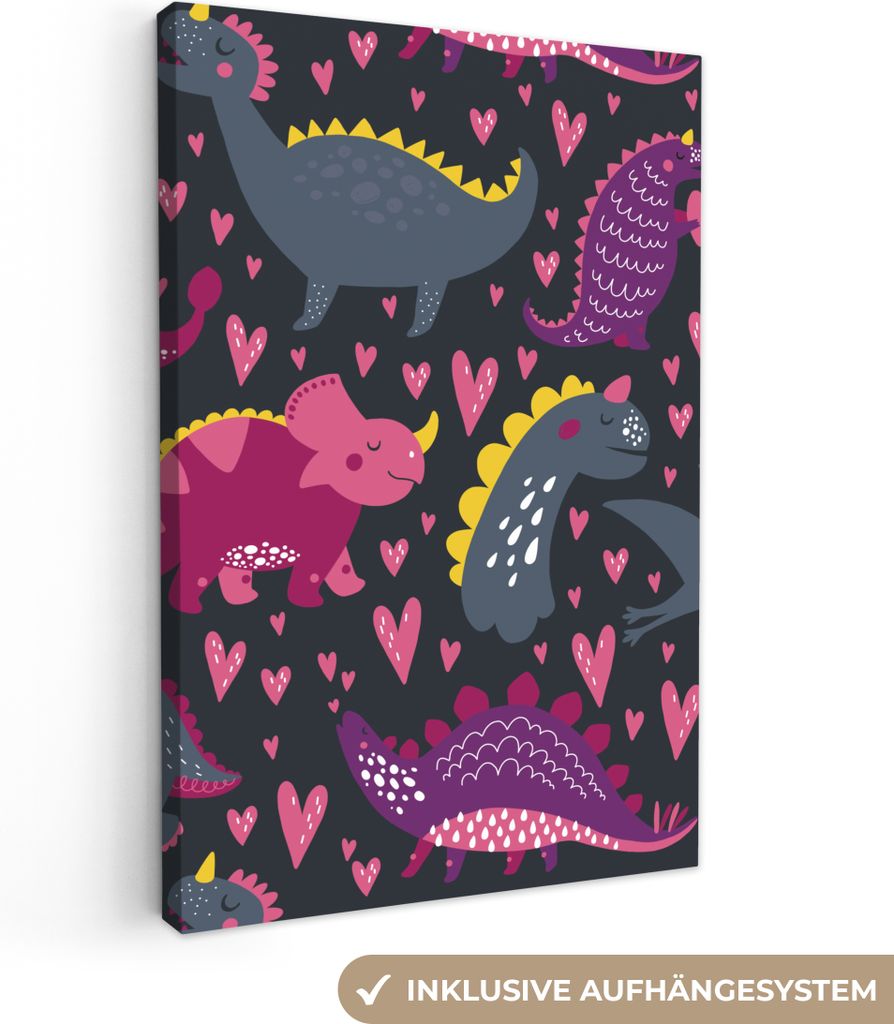 OneMillionCanvasses - Leinwandbilder - 90x140 cm, Dinosaurier - Kind - Muster - Rosa - Mädchen, Wandbilder Kunstdruck Wanddekoration - Wandschmu...