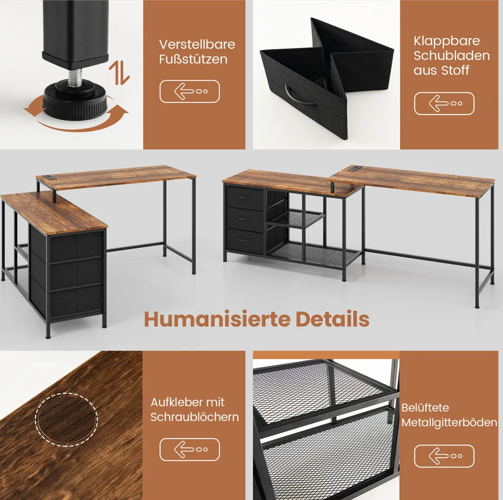 Bureau d'angle réversible 205cm : Solution rangement + Prises 3 tiroirs - 6
