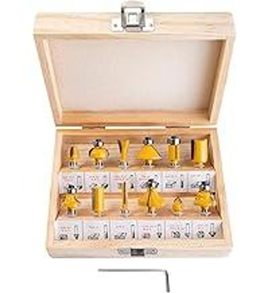 HPMAISON 12tlg. Fräser Set für Oberfräsen, Zylindrischer Schaft 6 mm, präzise Hartmetall Schneideplatten, Holzfräs Bits Fräser Set für Kante...