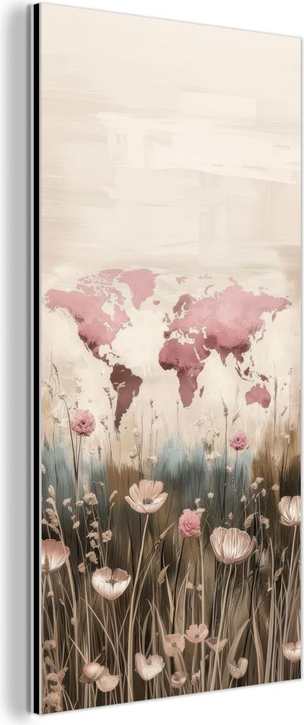 MuchoWow Wanddekoration Metall Metallbild Wandkunst 40x80 cm Weltkarte - Rosa - Blumen MuchoWow Aluminium Gemälde - Wanddekoration - Industrial