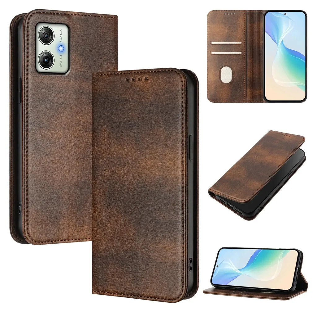 Custodia per Motorola Moto G54 Power, custodia in pelle vintage con protezione RFID, slot per schede, supporto Marrone
