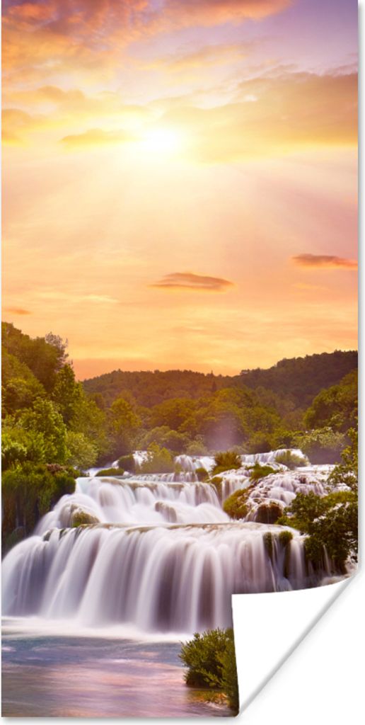 MuchoWow Poster Wasserfall - Landschaft - Sonne - Wolken - Sonnenuntergang 40x80 cm - Dekoration