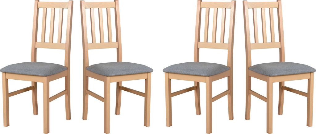 Four wooden dining chairs with gray upholstered seats are arranged in a row against a white background.
