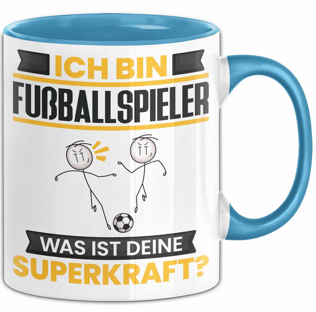 Fußballspieler Tasse Geschenk für Fußballspieler Geburtstag Lustiger Spruch Kaffee-Becher Was Ist Deine Superkraft (Blau)