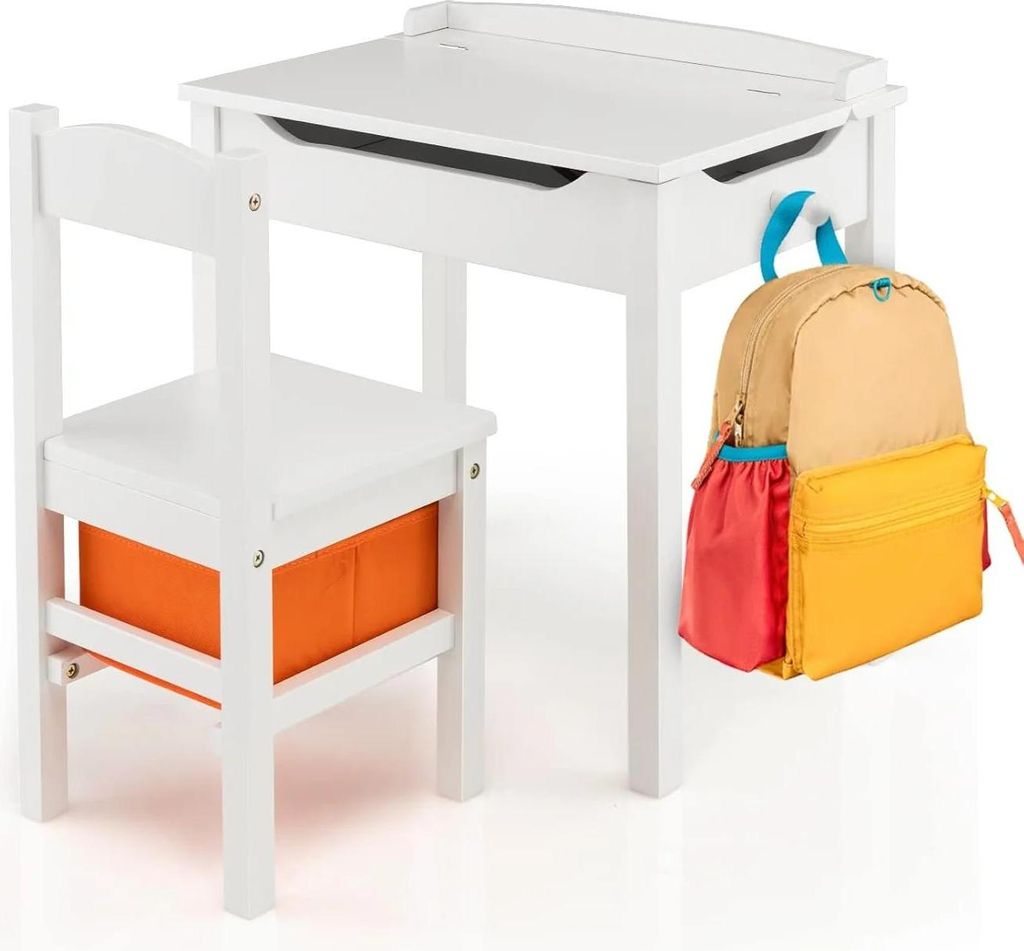 Kindertisch mit Stuhl - Kindermöbel-Set - Massivholz - Klappbare Tischplatte - Stauraum - Montage erforderlich - Weiß