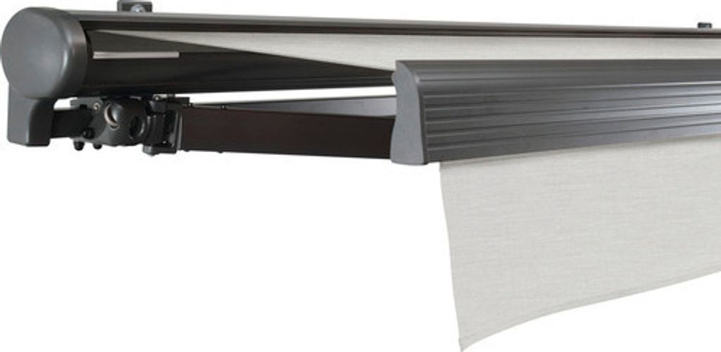 SOLUNA Halbkassettenmarkise Comfort 6x2 Dessin U190 Gestell DB703 dunkelgrau Antrieb links inkl. Motor und Wandschalter