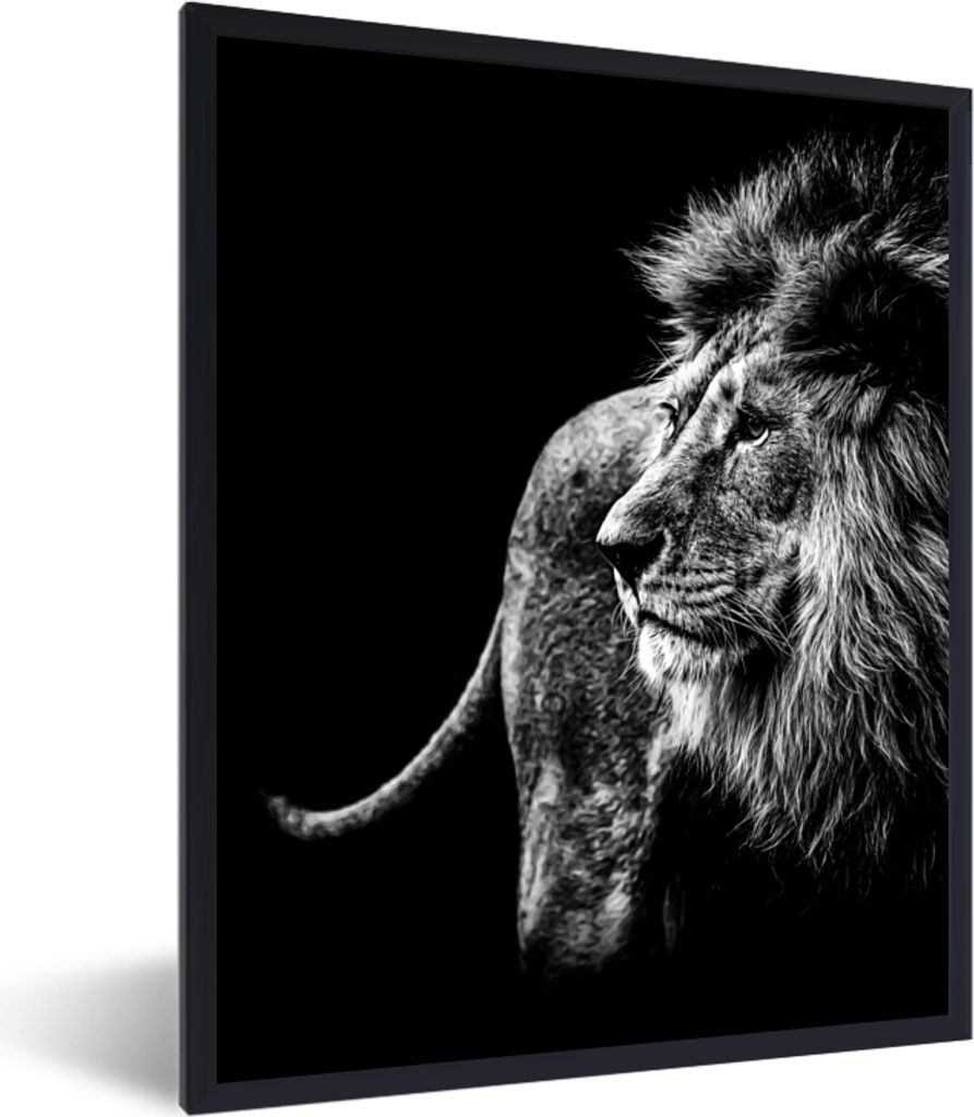 MuchoWow Gerahmtes Poster Tiere - Wild - Löwe - Schwarz - Weiß 30x40 cm - Poster mit Schwarzem Bilderrahmen Wandposter Rahmen Foto Bilder - Wan...