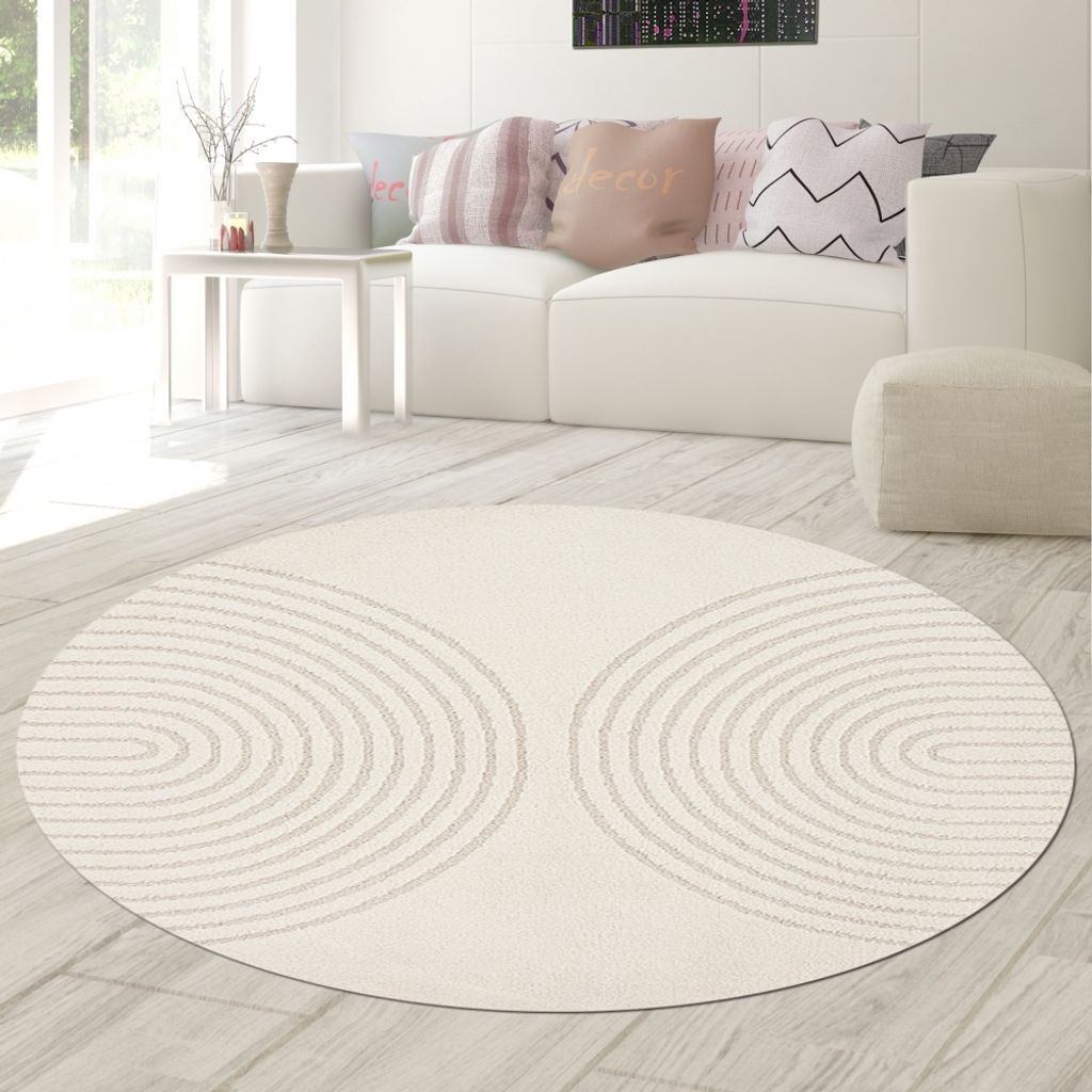 Schlafzimmer Wohnzimmer Teppich mit Hoch- Tiefeffekt und Bogenmuster in Creme Größe - 120 cm Rund