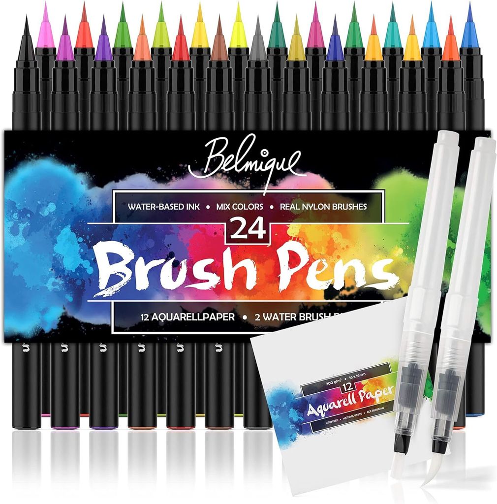 Belmique Pinselstifte 38er Set I 24 Aquarellfarben, 2 Wassertankpinsel, 12 Aquarellpapier | Brush Pens mit weicher Spitze aus Nylon - Für Handletterin