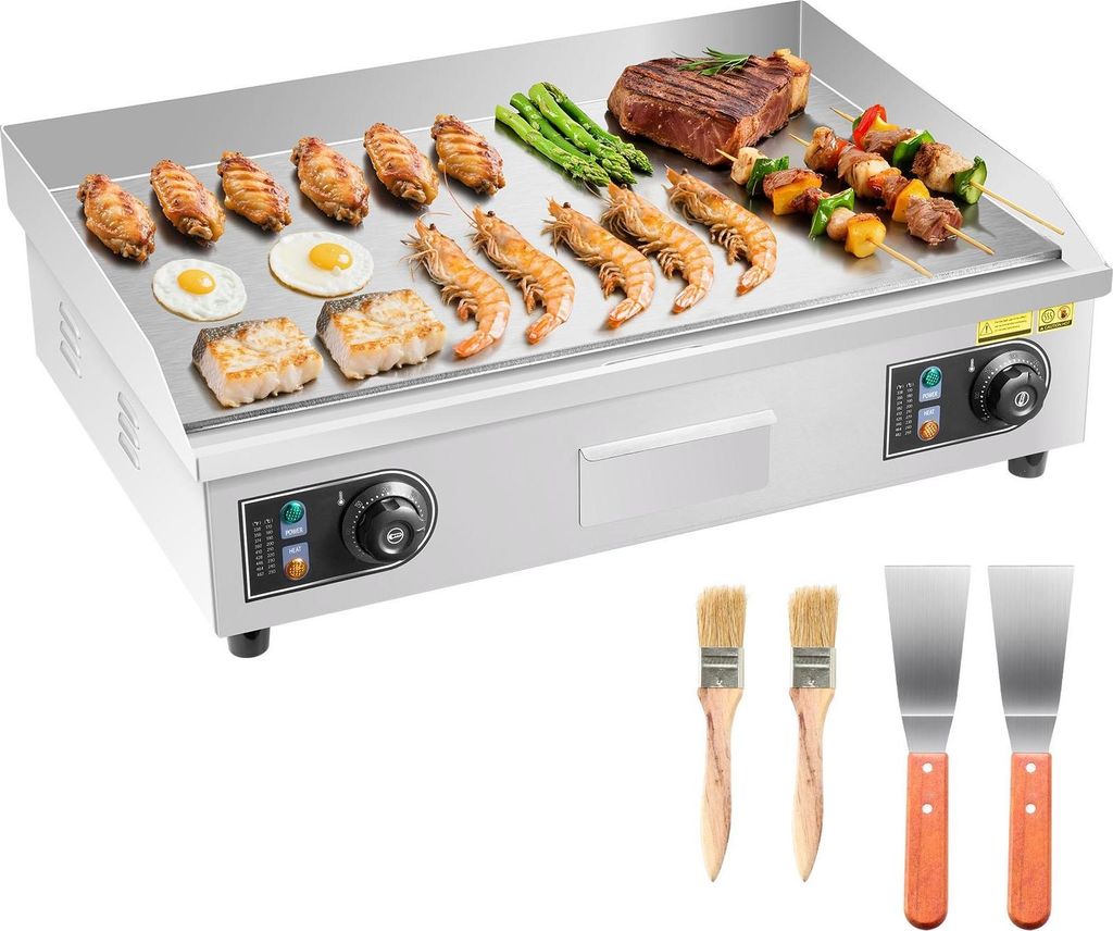 Elektrische Grillplatte - Gastro-Tischgrillplatte - 4000 W - Grillfläche 65,5 x 40 cm - 50–300 °C stufenlos - Edelstahl - Ohne Stecker - Mit 2 ...