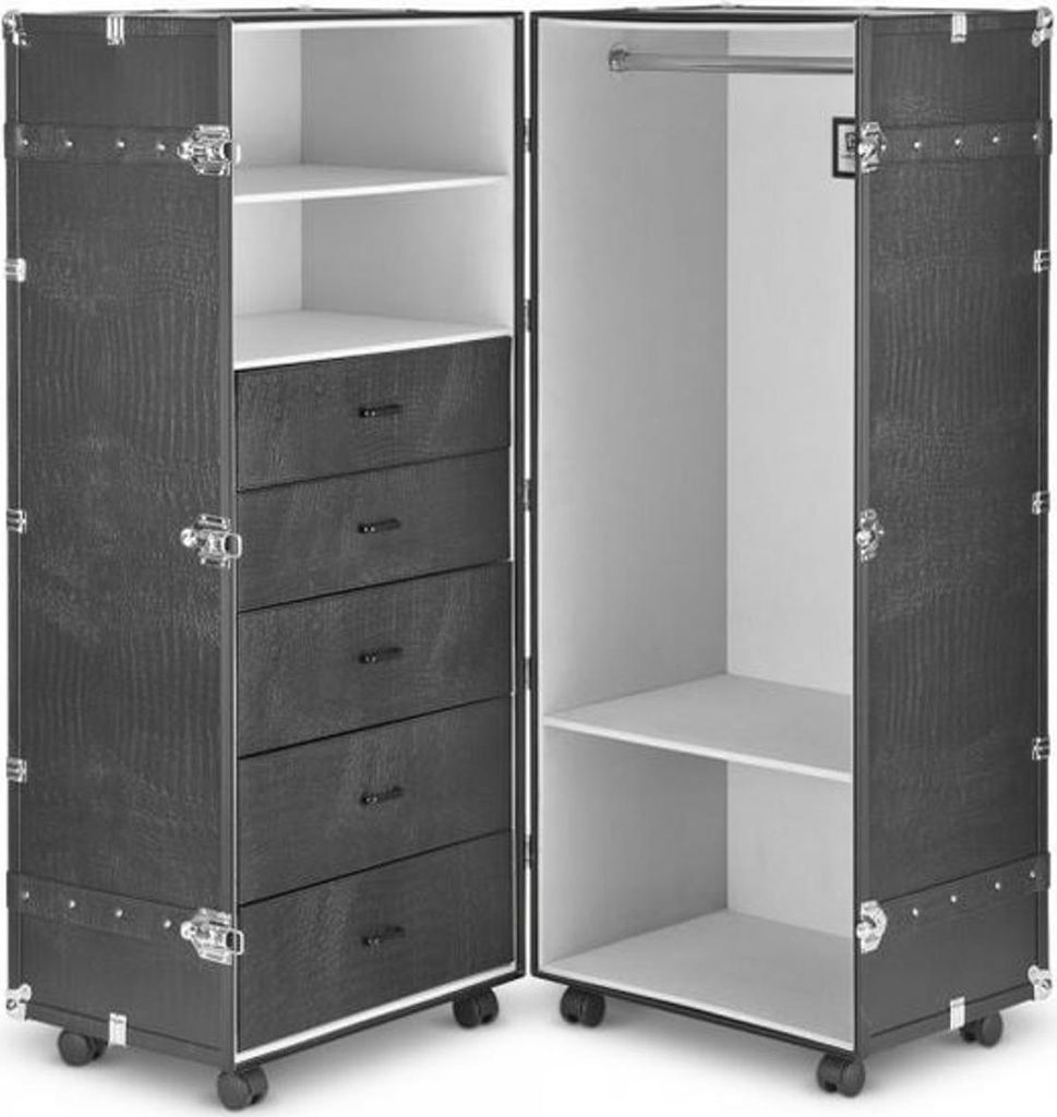 Casa Padrino Luxus Kunstleder Kofferschrank mit Rollen Schwarz / Silber 60 x 86 x H. 143 cm - Schrankkoffer im Vintage Stil - Luxus Accessoires