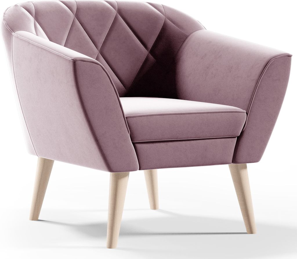 GUTTO Sessel aus Velour Samt rosa KARO Relaxsessel Fernsehsessel im Skandinavischen Stil Polstersessel auf hohen Holzbeinen hohe Füẞe moderne St...