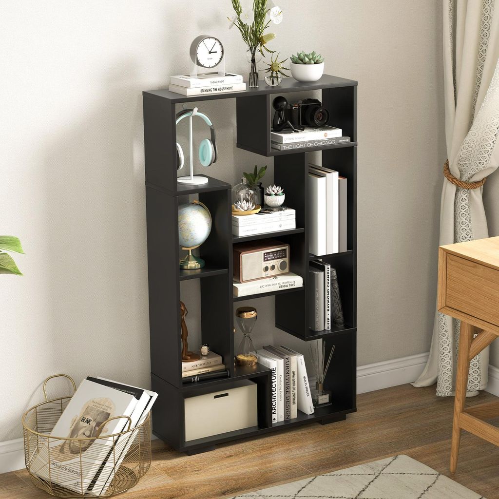 Geometrisches Bücherregal, 120 cm Holz dekorative Aufbewahrungsregal, mit Anti-Kipp-Vorrichtungen, freistehendes offenes Ausstellungsregal, Schwarz