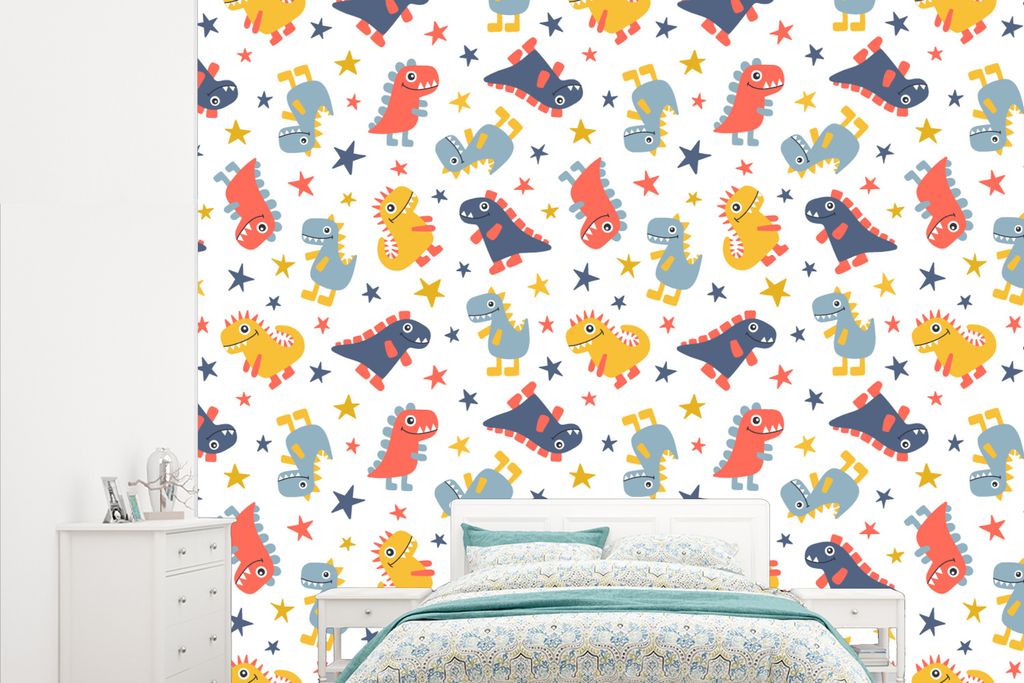 MuchoWow Fototapete für Wohnzimmer oder Schlafzimmer Wandtapete Vinyl Motivtapete Muster - Dino - Sterne - Jungen - Baby - Kinder - Kinder - 315...